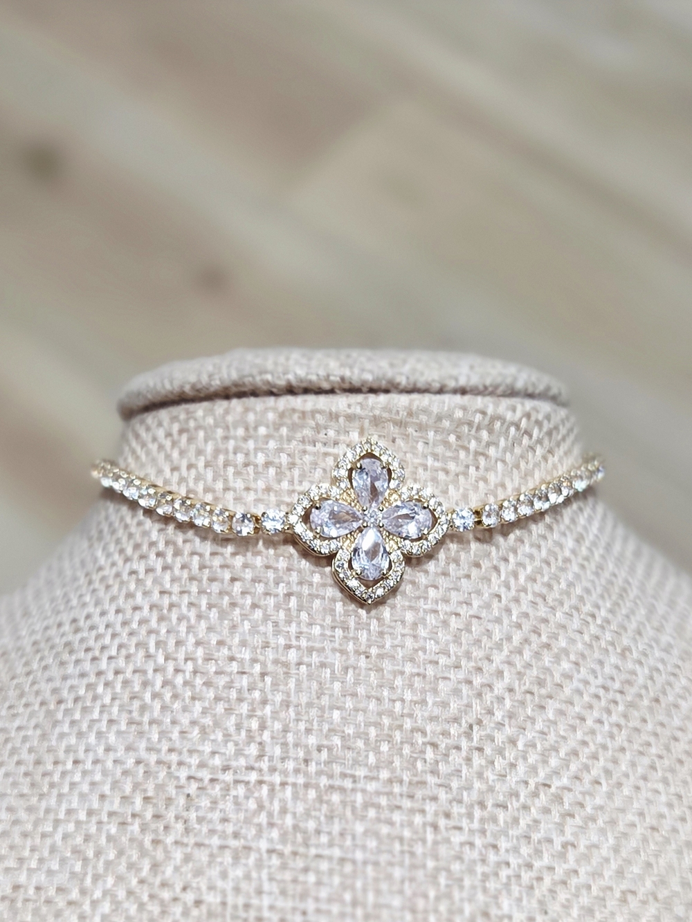 Gold Clover Bracelet - White Stones